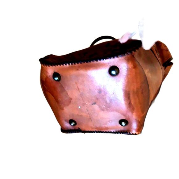 Vintage Etched Brown Tan Leather Embossed Handbag Bowling Bag Tote Bag Western - Picture 5 of 6
